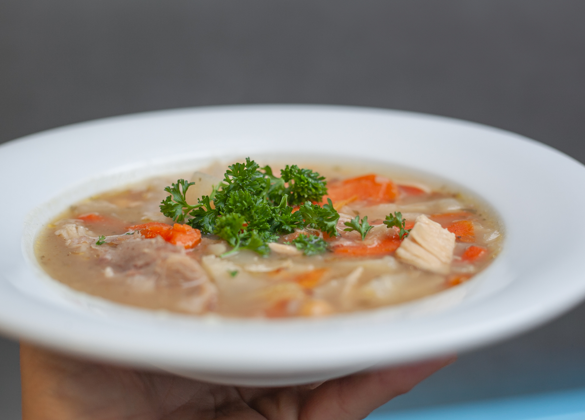 TGP_SoupBowl_V1 A hearty bowl of chicken and vegetable soup with garnish.